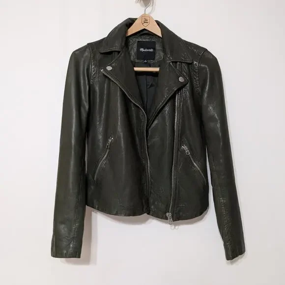 Madewell Washed Leather Motorcycle Jacket Dark Green Size XS Preowned - Picture 3 of 10